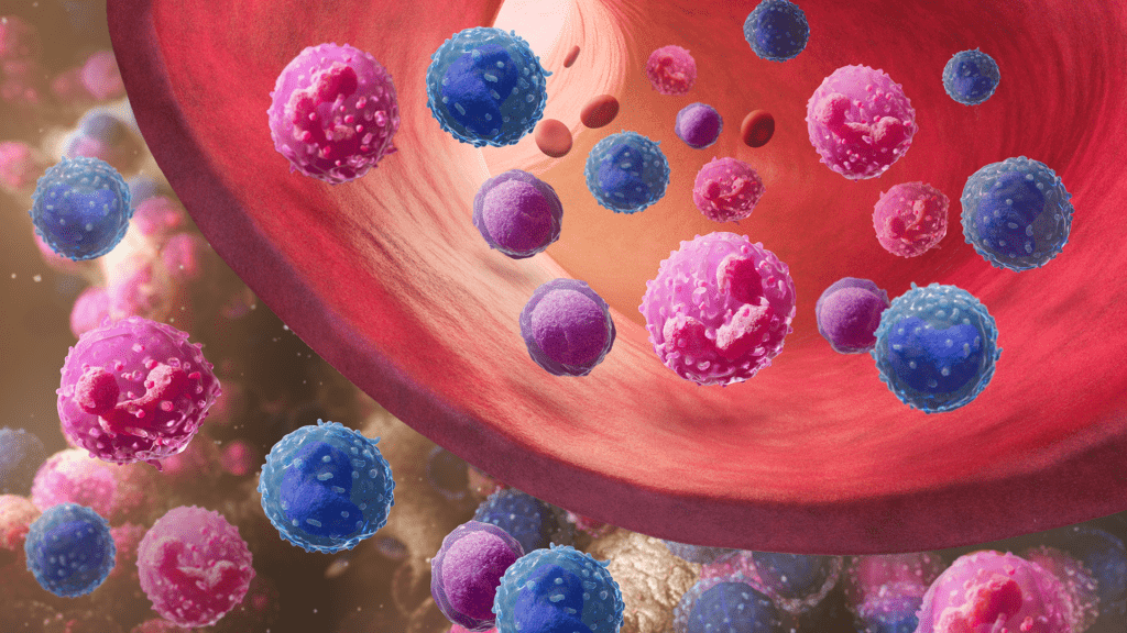 Illustration of a blood vessel showcasing vibrant pink and blue cells—reminiscent of an MOA Animation. The cells, varying in size, float gracefully within the vessel against a soft-focus background.