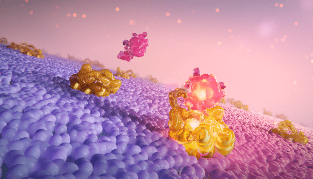 A vibrant digital artwork depicting a microscopic scene intricately showcases WHIM Syndrome. Purple, gold, and pink abstract structures resembling molecular forms float against a blurred background, evoking a sense of biological and chemical interaction.